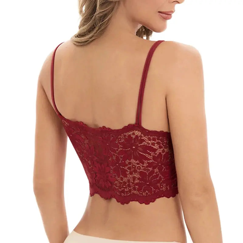 Women's red lace bralette top with floral pattern and scalloped hem, back view