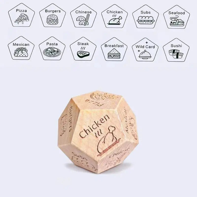 Simples Market wooden 12-sided food decision dice featuring pizza, sushi, burgers icons for couples gift