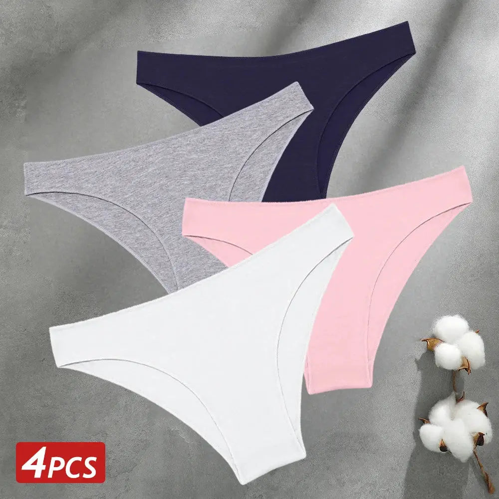 4-pack of women's seamless cotton panties in navy, gray, pink, and white; low-rise, breathable briefs