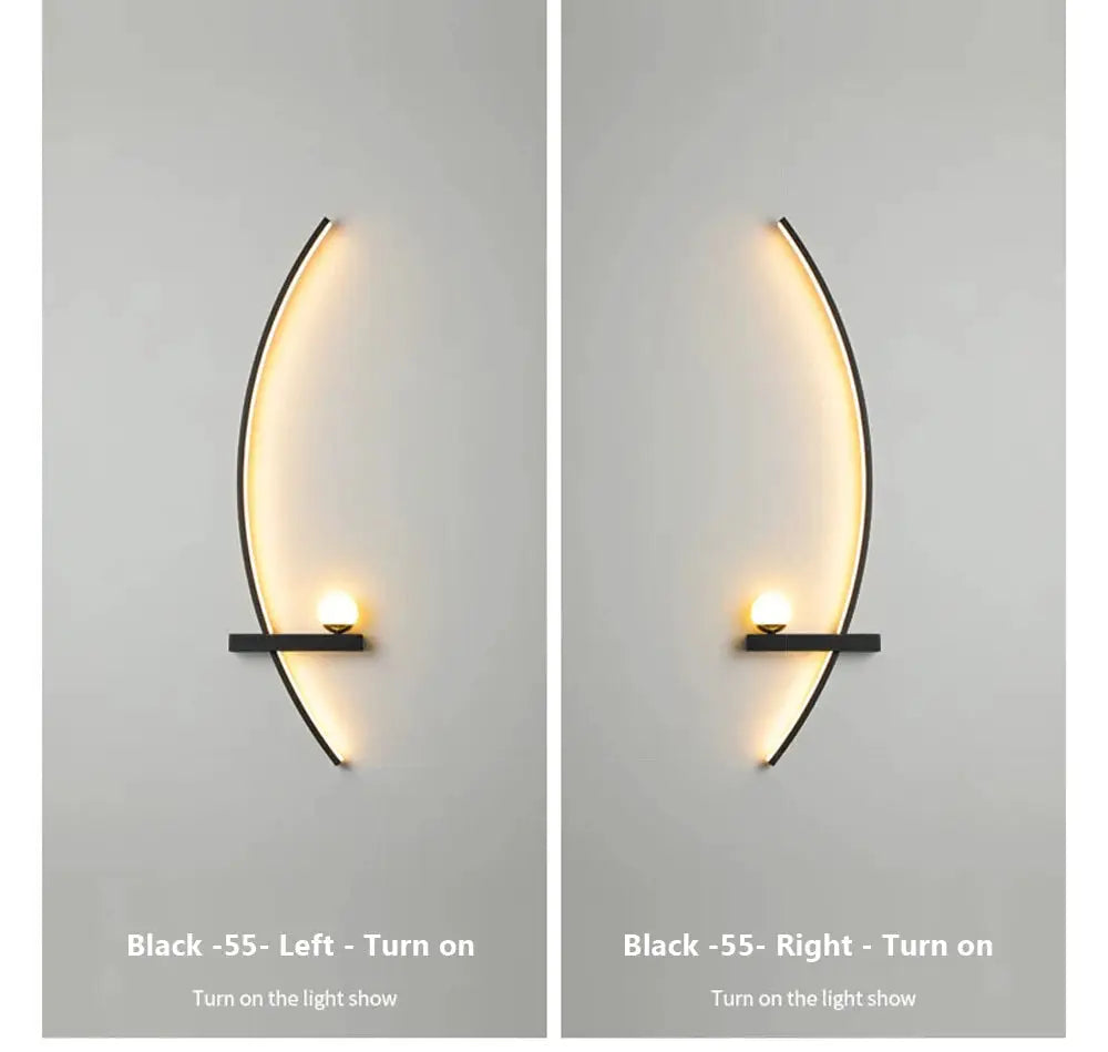 Pair of black LED arc wall lamps, modern style, 55–105cm, with warm glow along the arc and a shelf-mounted round bulb.