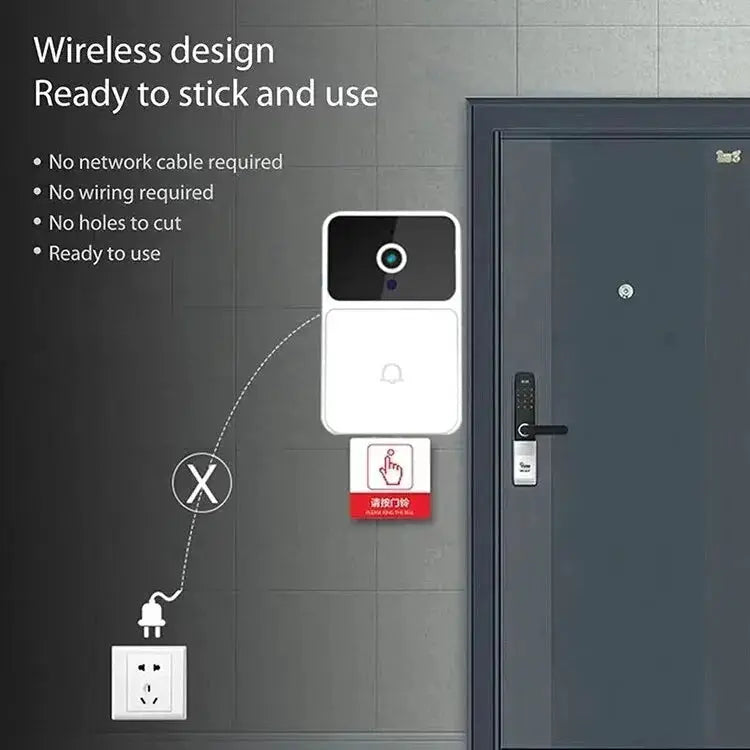 Simples Market Wireless WiFi Video Doorbell with HD camera and night vision mounted beside a smart door lock.