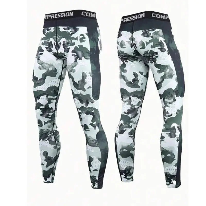 Men's camouflage compression pants, 2-pack athletic training leggings in gray-green camo.