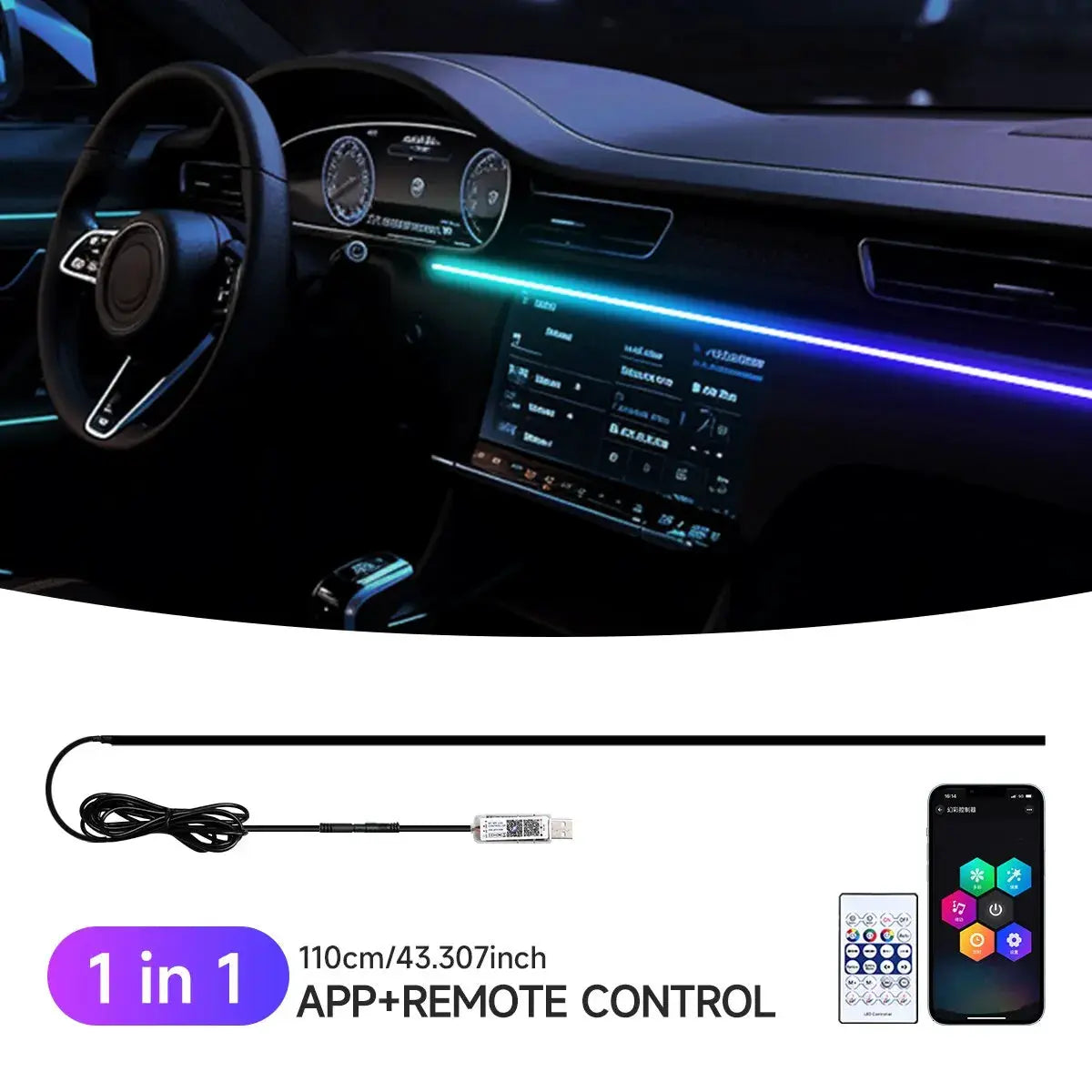 Simples Market 110cm RGB car ambient light strip with 64 colors, acrylic interior lighting, app + remote control