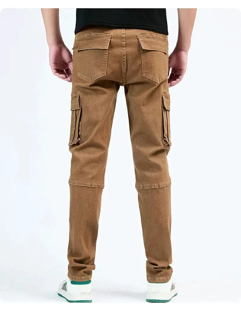Simples Market men's denim cargo pants in brown with elastic waist and multiple pockets
