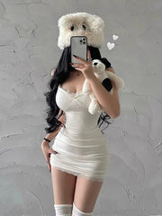 Y2K Retro Lace Patchwork Spaghetti Strap Black Bodycon Club Dress
