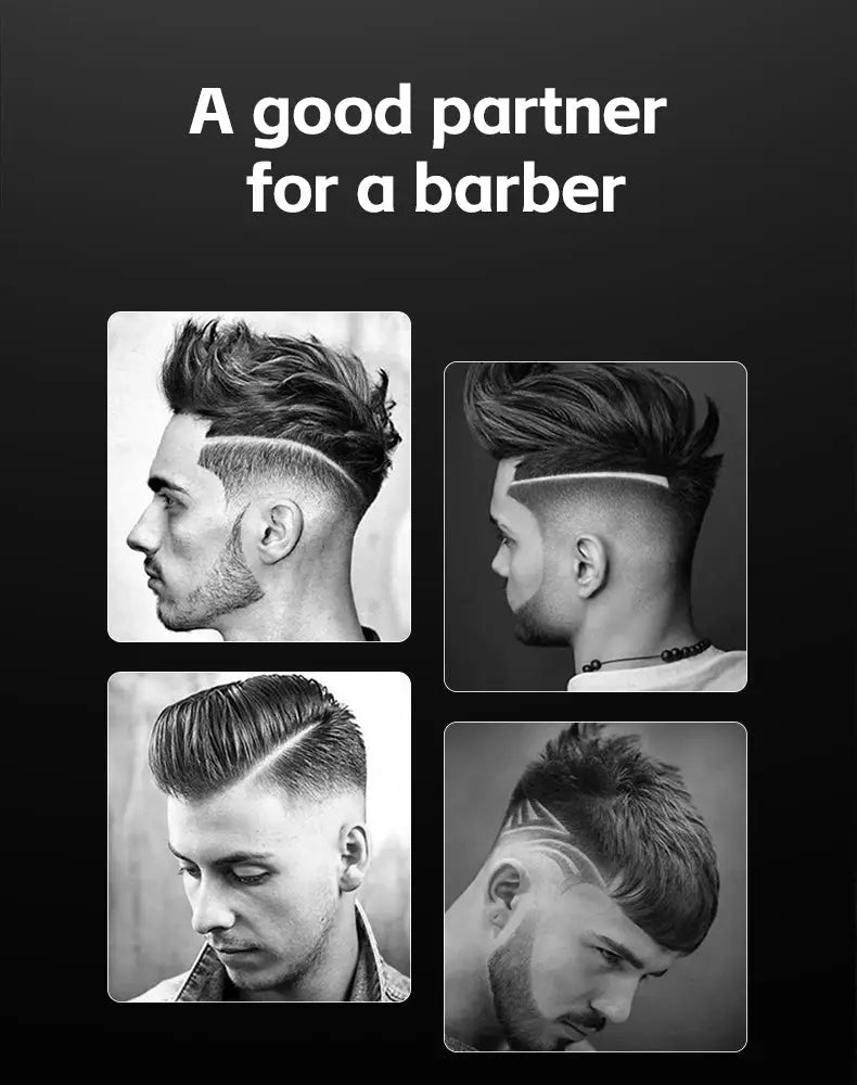 Barber hairstyle collage with four grayscale portraits and the slogan A good partner for a barber