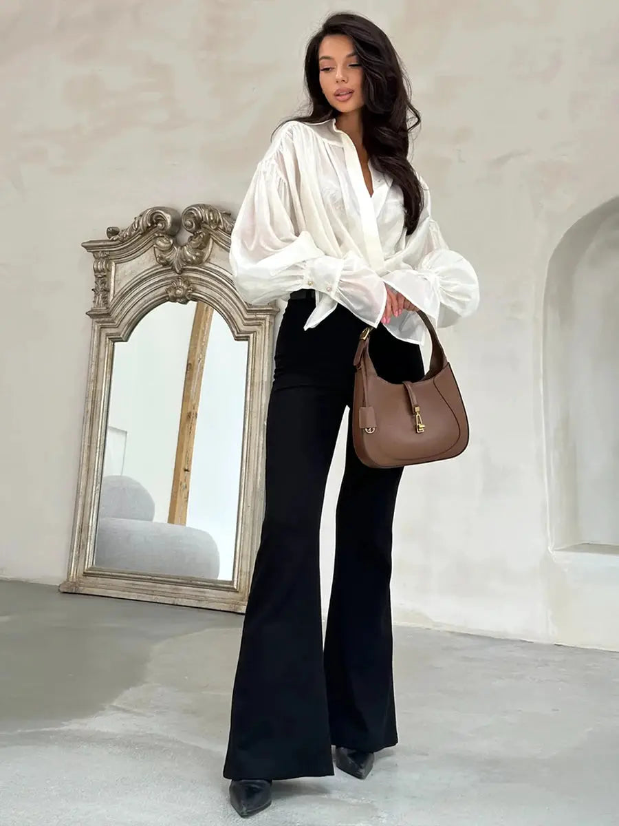 Bornladies loose collared shirt, white solid color with flare sleeves