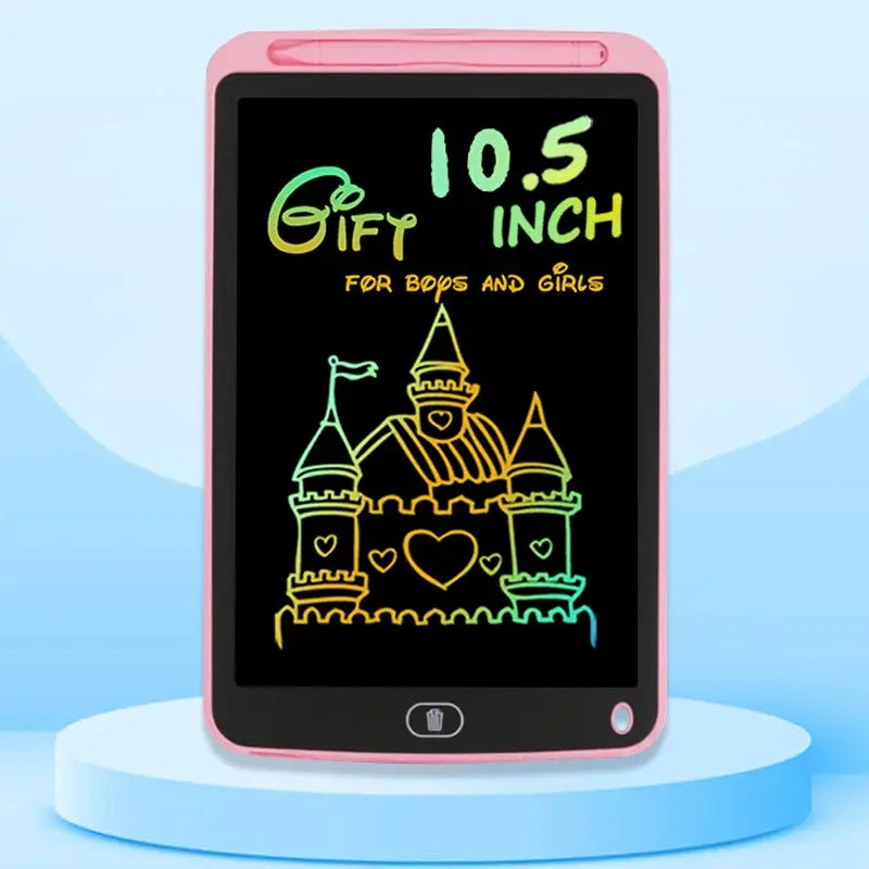 Pink 10.5-inch LCD kids drawing tablet with rainbow castle on screen