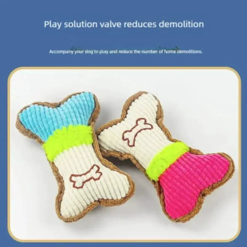 2-pack plush bone-shaped dog squeaky toys, white body with blue and pink ends and neon green band