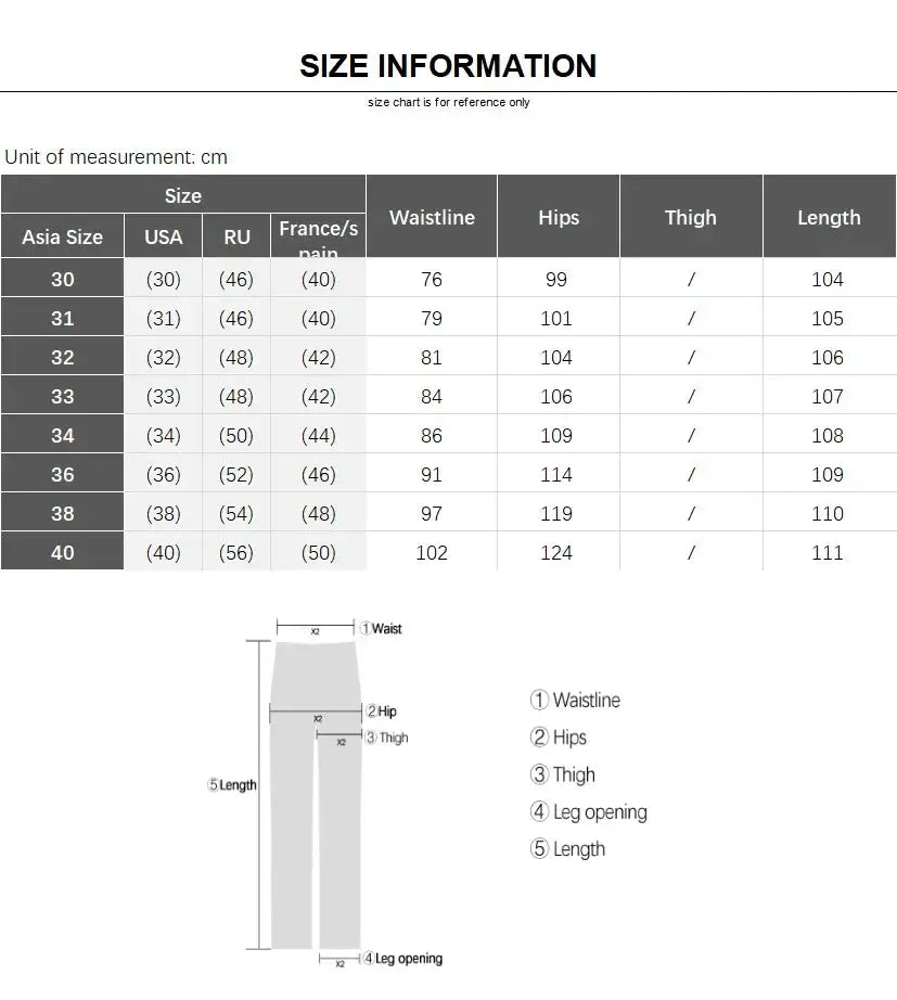 Men's slim suit pants size chart with waist, hips and leg length measurements illustration