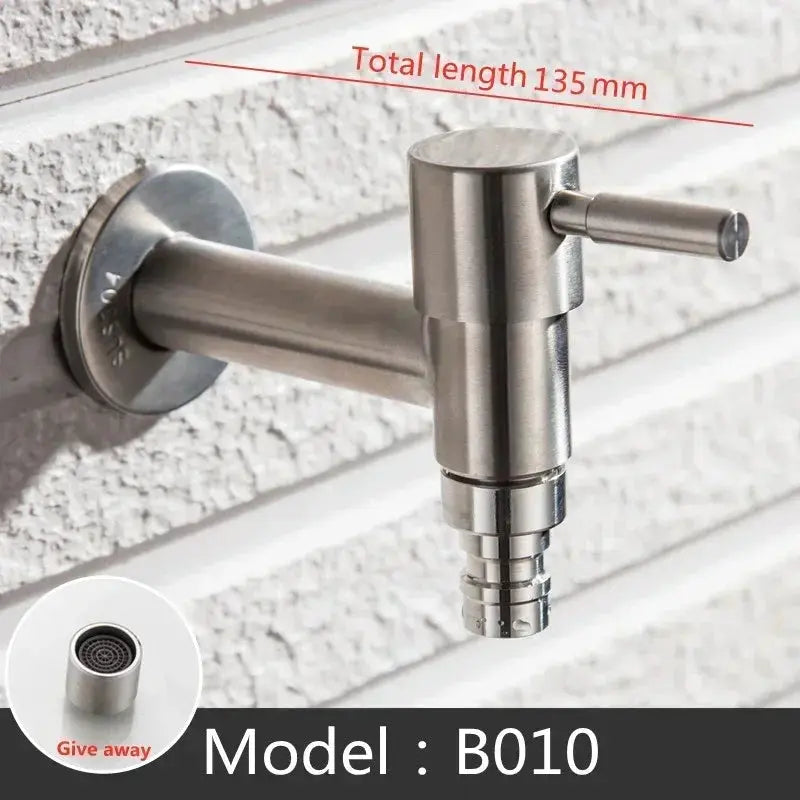 Wall-mounted brushed stainless steel garden faucet with side lever, 135 mm total length