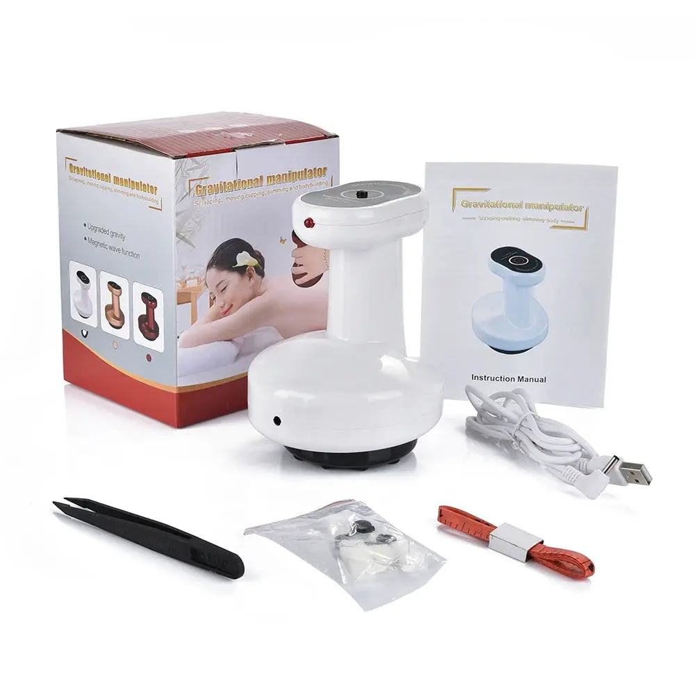 Simples Market white electric cupping massage massager with suction cups, USB cable, manual and accessories