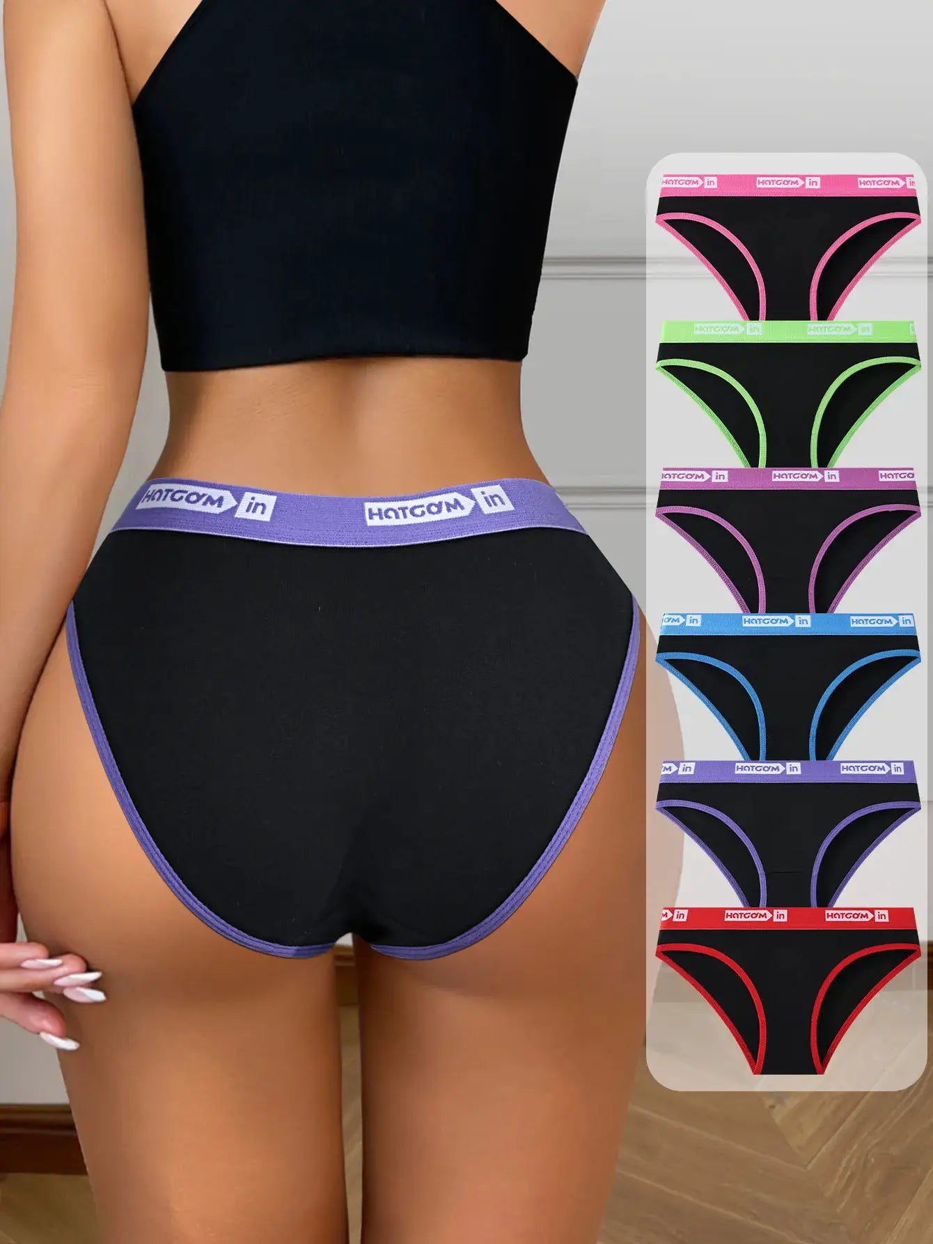 6-pack women's cotton panties set; black base with colorful trim and lavender waistband, pink/green/blue variants.