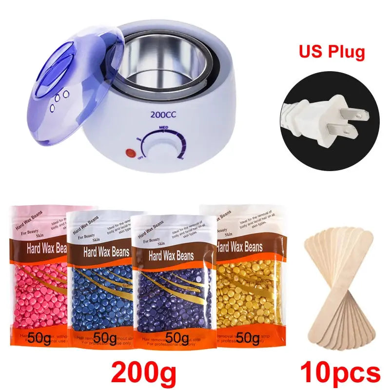Paraffin wax heater kit with US plug, 200cc capacity; includes four 50g hard wax beads and 10 wooden spatulas