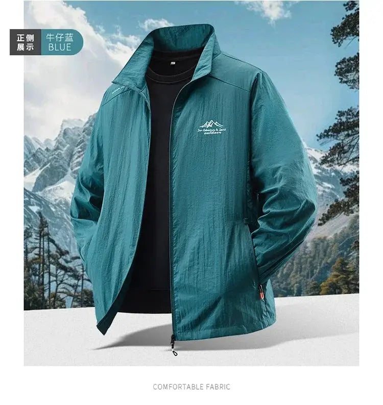 Simples Market men's sun protection jacket in teal blue; ultra-light, breathable ice-silk fabric.