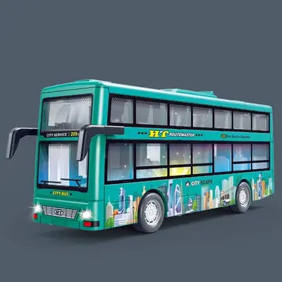Double Decker Sightseeing Bus Model Die Cast Pull Back Toy Open Doors with Light Music for Boys