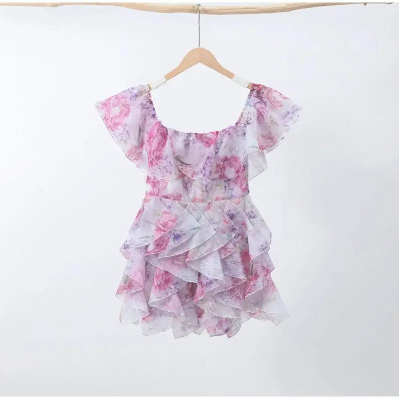 Floral Printed Backless Mini Dress Sleeveless A Line Party Clubwear