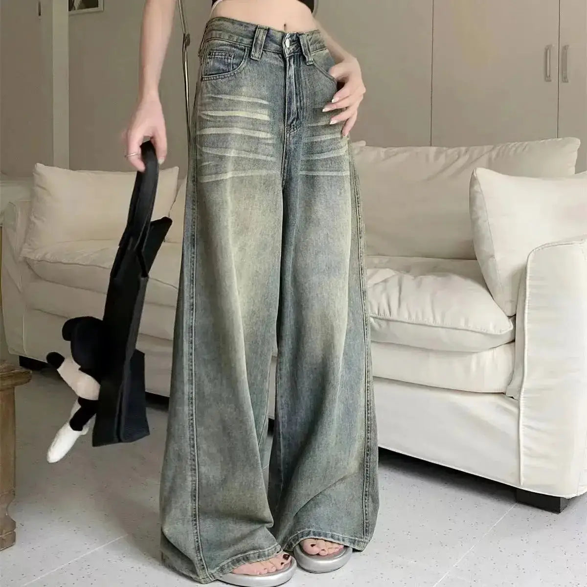 Y2K Loose Straight Leg Jeans Women Baggy Wide Fit High Waist Retro