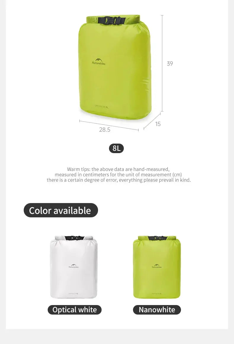 Naturehike rolled storage bag 8L; lime green, lightweight waterproof vacuum compression organizer.