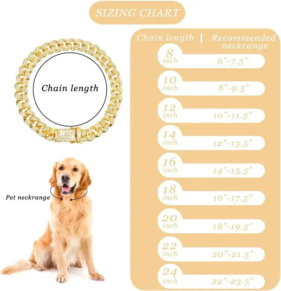 Simples Market Cuban Chain Dog Collar, gold-tone stainless steel, adjustable safety buckle for small/medium breeds