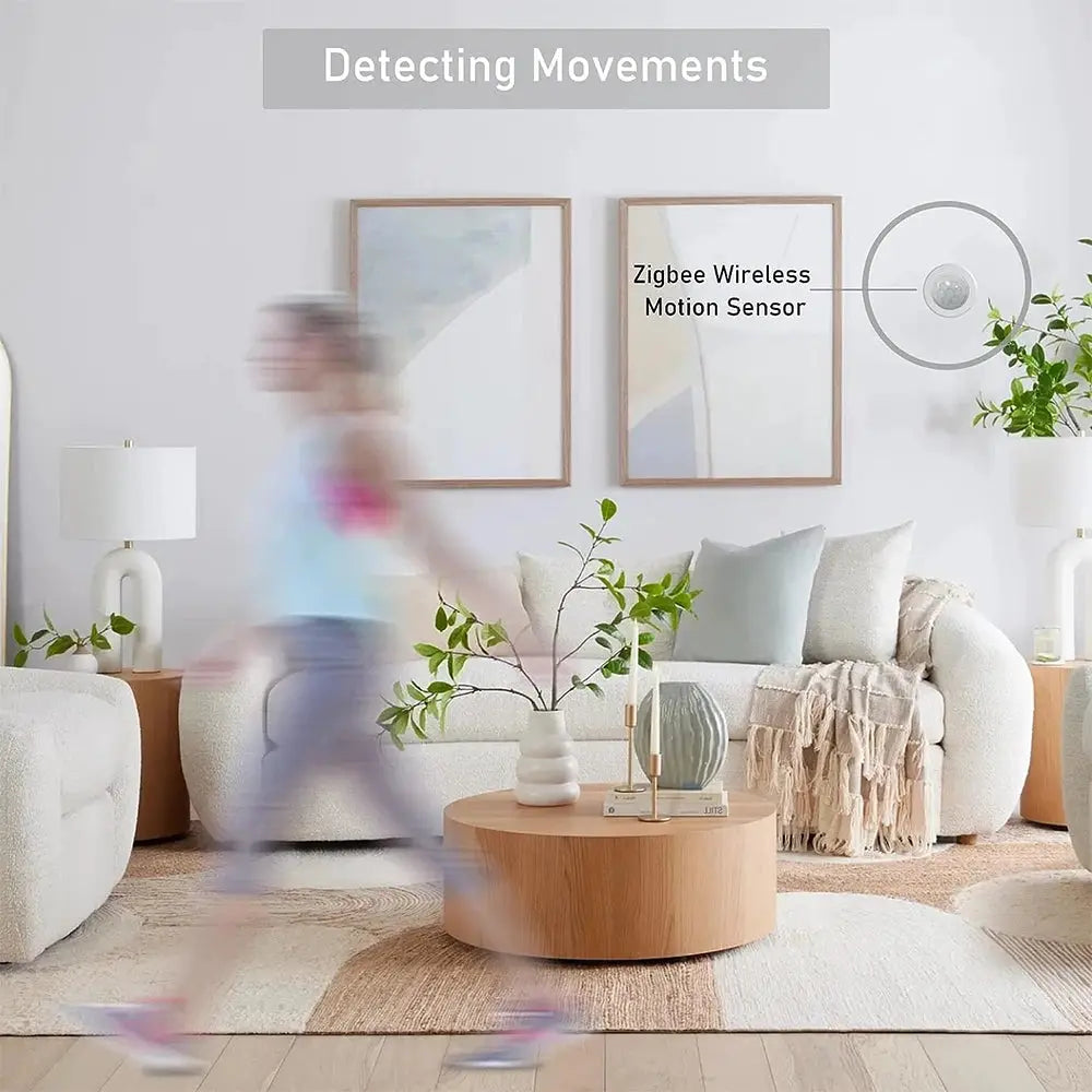Tuya Zigbee 2-in-1 PIR motion detector and bright lux light security sensor in a modern living room setup