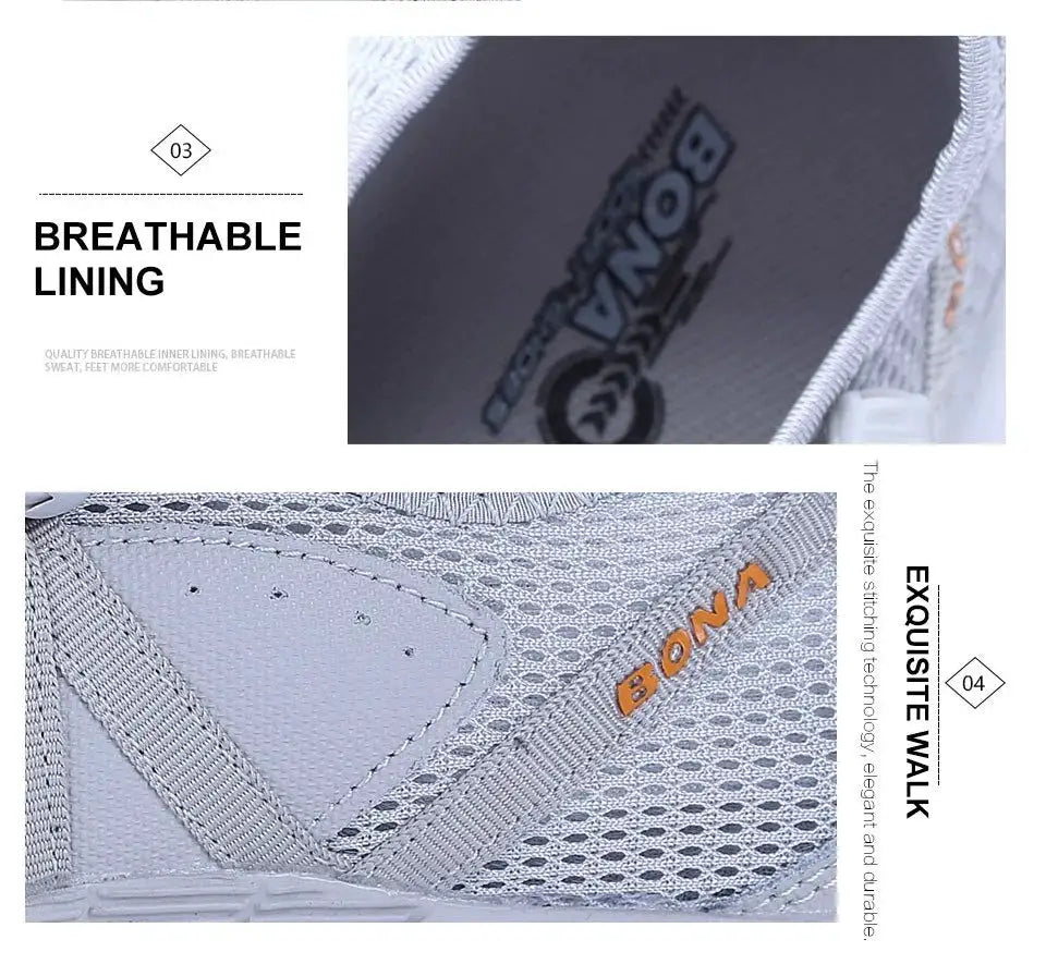 BONA men's running shoes by Simples Market; grey mesh lace-up athletic sneakers with breathable lining