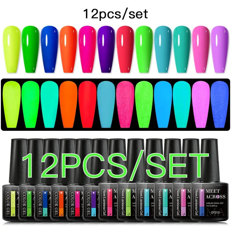 MEET ACROSS 12pcs gel nail polish set by Simples Market with neon, pastel and glitter colors in black-cap bottles