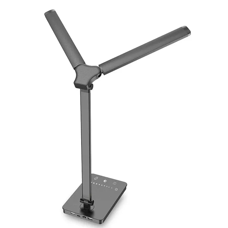 Simples Market double-head LED desk lamp with dual swing arms, gray finish, base control panel