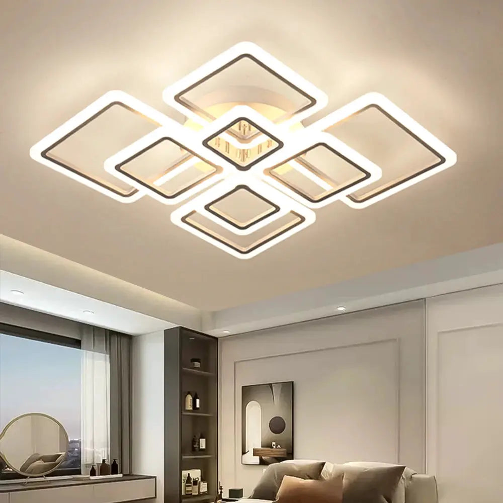 Simples Market square acrylic ceiling chandelier with white illuminated geometric rings for bedroom or living room.