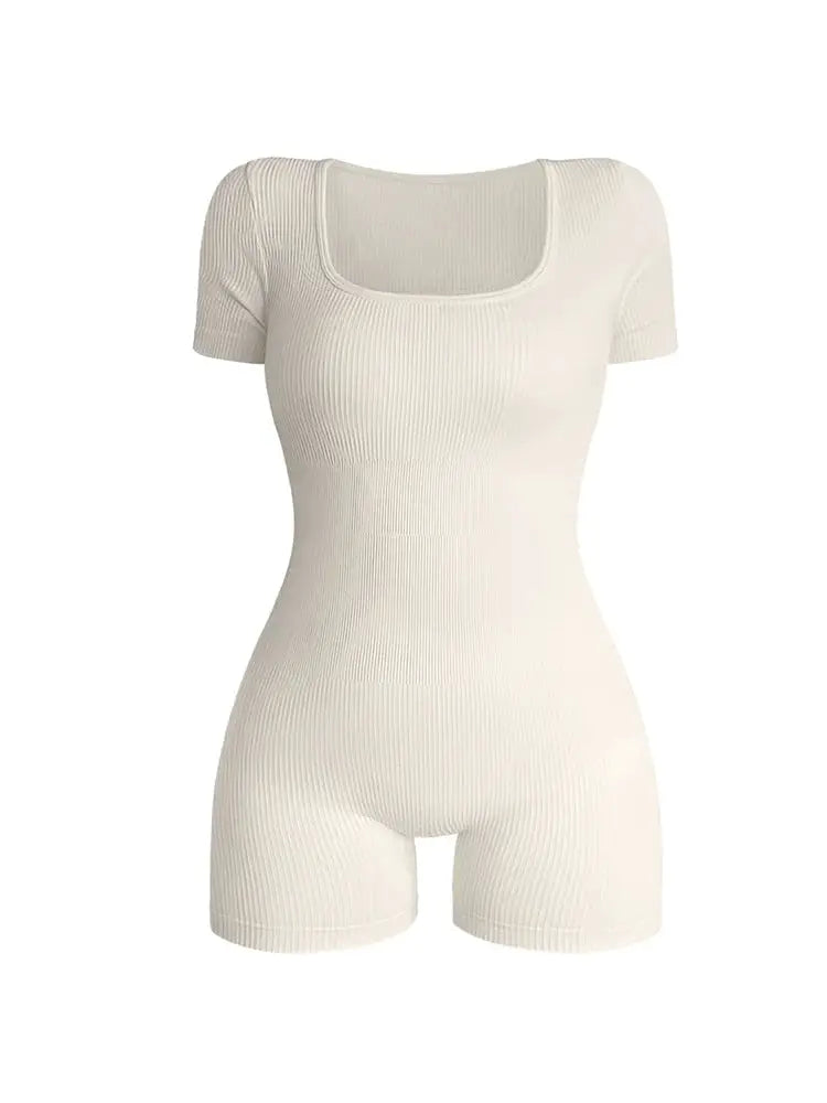 Women's ribbed knit square-neck short-sleeve jumpsuit in beige; high-waist, bodycon, one-piece