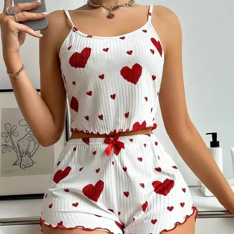 DreamNest Womens Knitted Pajama Set With Love Print And Delicate Strap Shorts Breathable White Homewear