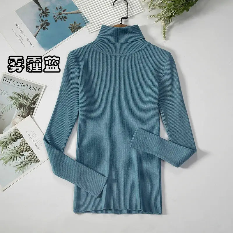 Women Turtleneck Sweater Slim Fit Elastic Knit Acrylic Cotton Blend Medium Stretch Solid Black