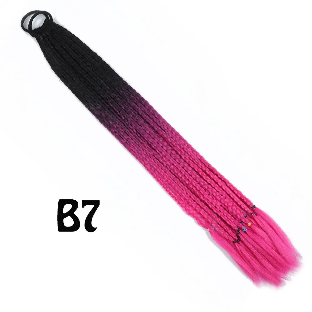 Synthetic gradient braided ponytail extension, 24 inches, black-to-pink rainbow with elastic band.