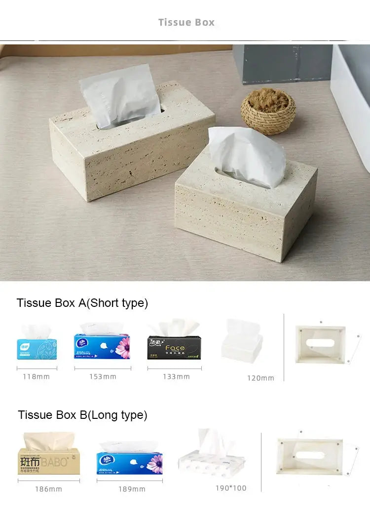Beige travertine bathroom accessories set with two tissue boxes on a countertop