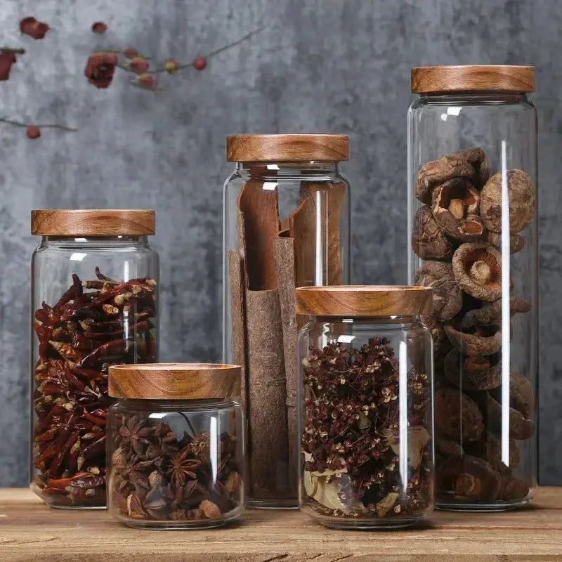Glass Canister Set With Wooden Lids Airtight Jars For Kitchen Storage Cereal Dispenser And Pantry Organization