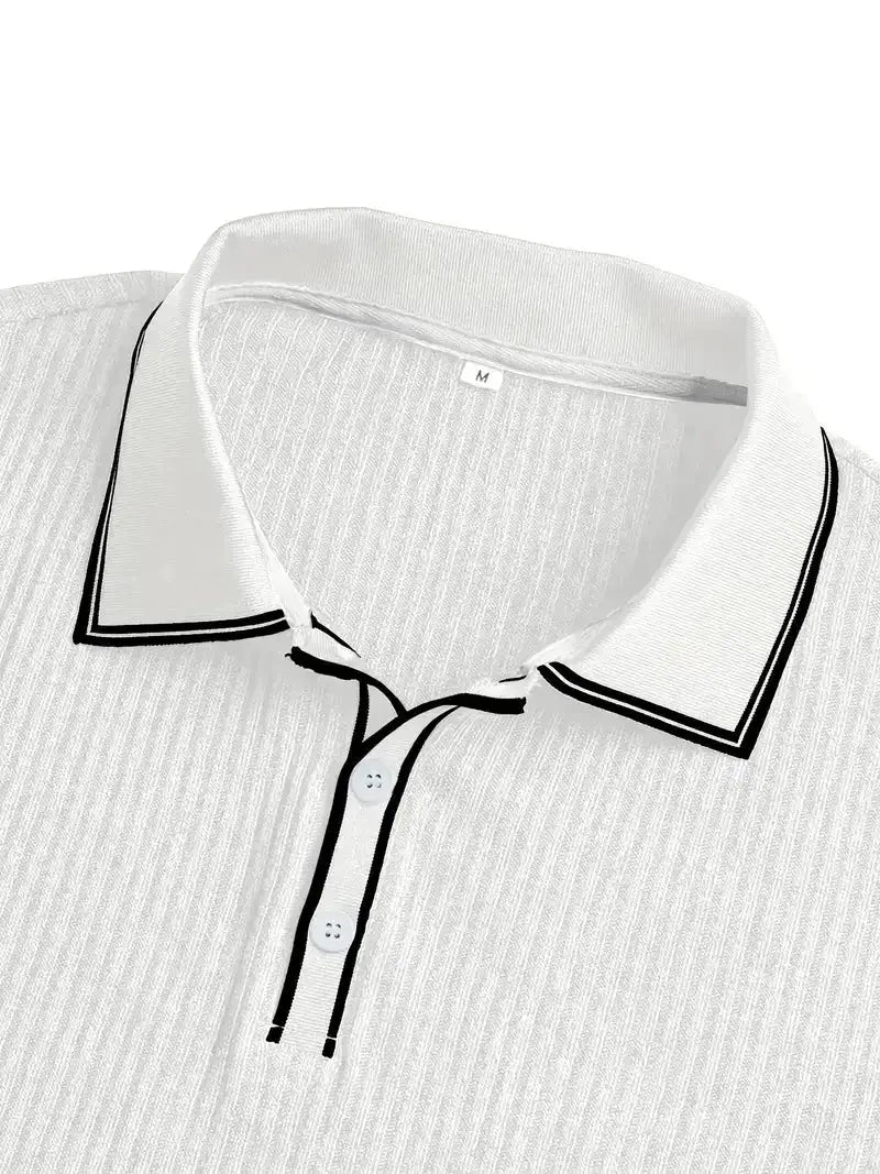 White men's short-sleeved polo shirt with black piping on collar and placket.