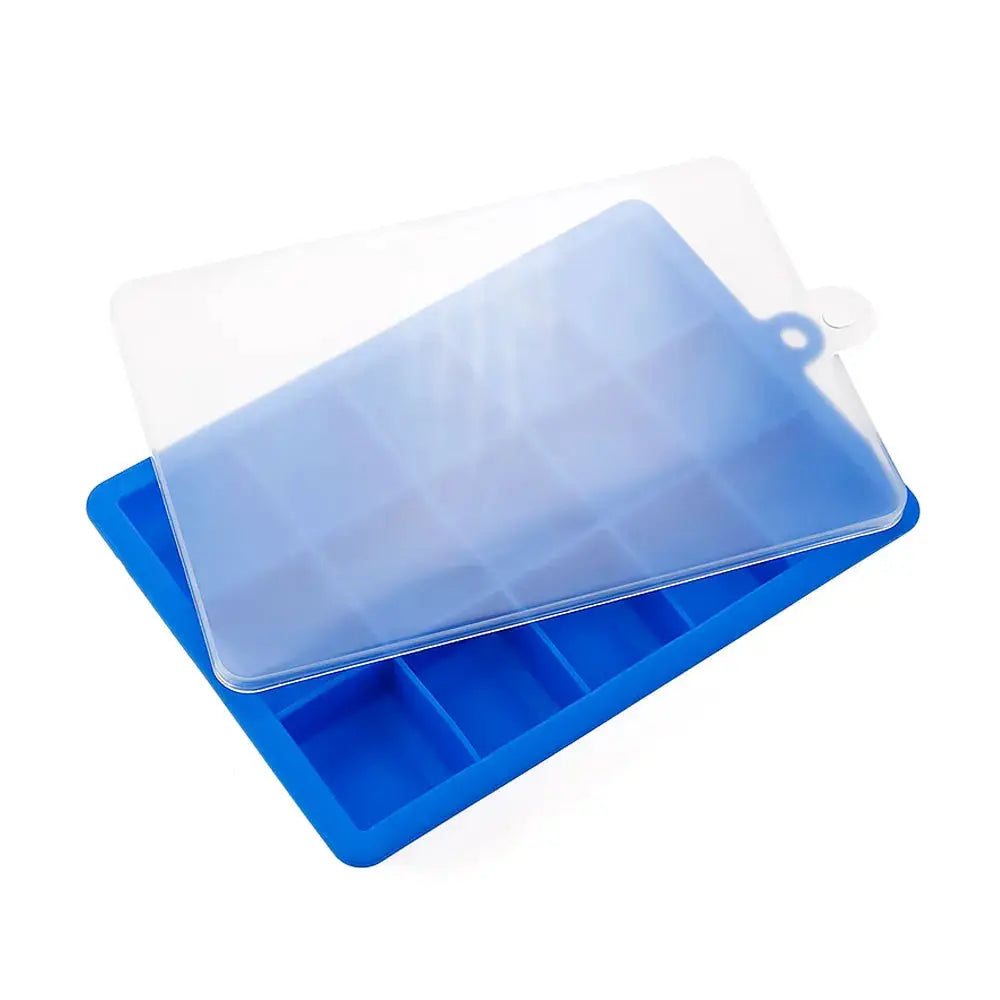 Silicone ice cube mold blue with clear lid and grid compartments