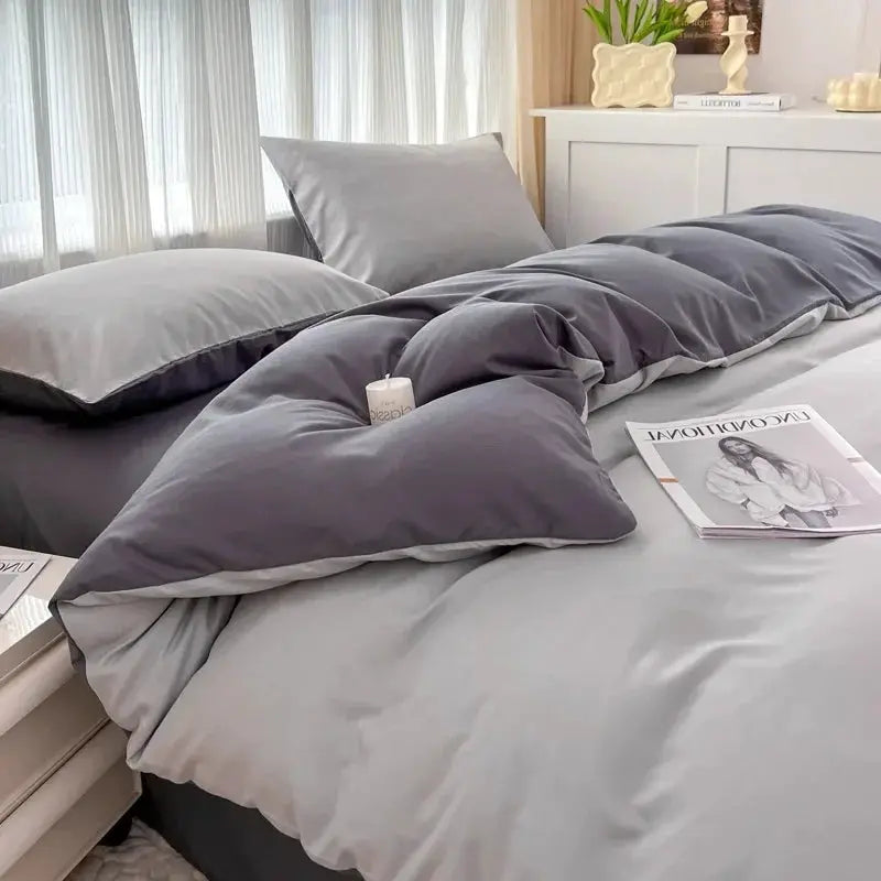 4-piece bed set with double-sided gray brushed fabric duvet cover, pillowcases, and fitted sheet