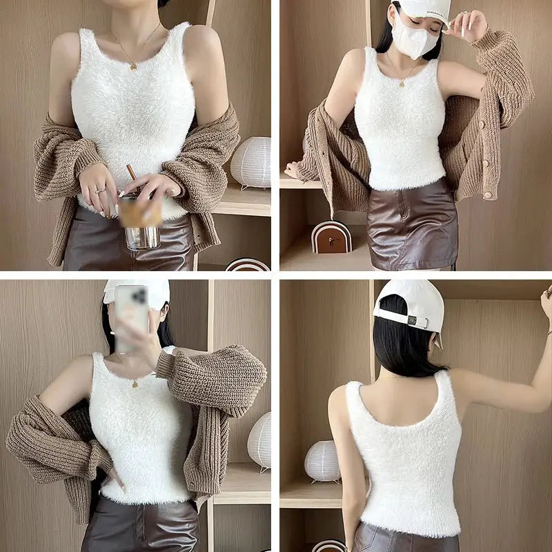 Plush white fleece tank top camisole with faux cashmere texture, styled with brown cardigan and leather skirt