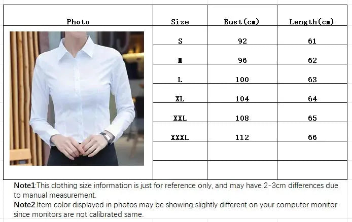 White long-sleeve women's blouse with button-front for office wear.