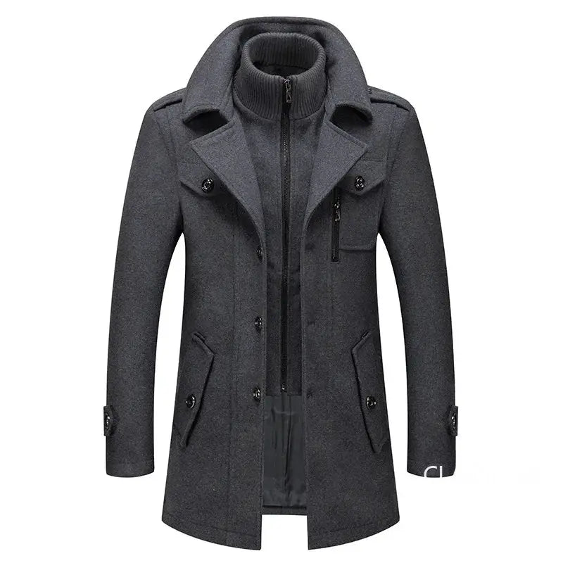 Men's charcoal wool-blend trench coat with stand collar, zip and button front, flap pockets.