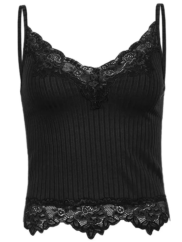 NoirPulse Gothic Bodycon Cami Top For Women Ribbed Backless Lace Trim Grunge Summer