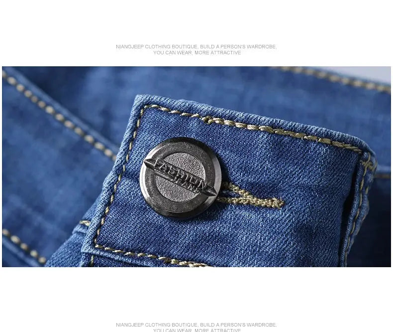 Men's denim jeans by Simples Market, blue cotton-stretch with elastic waist, straight fit