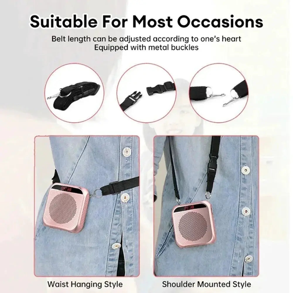 XIKCU pink portable voice amplifier with microphone; clip-on strap worn at waist or shoulder, Simples Market