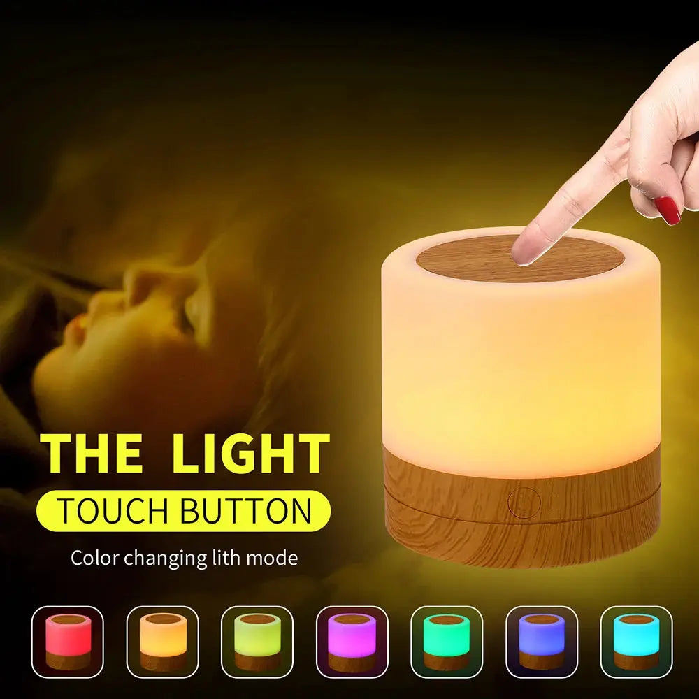 RGB night lamp by Simples Market with wooden base, color-changing LEDs and touch control