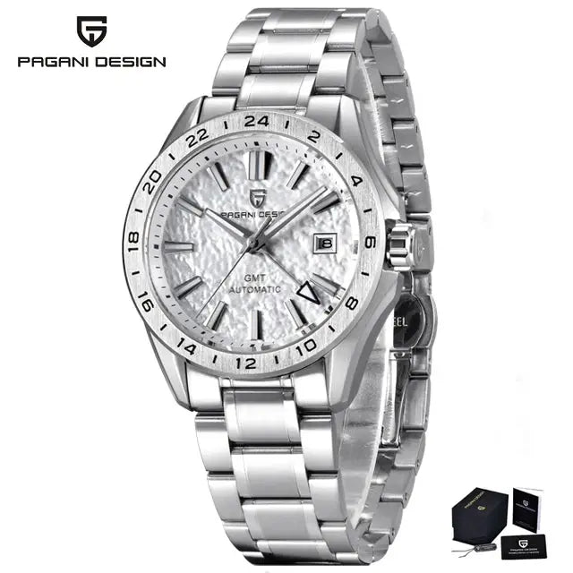 Pagani Design GMT stainless steel men's watch with white textured dial, sapphire glass, automatic movement