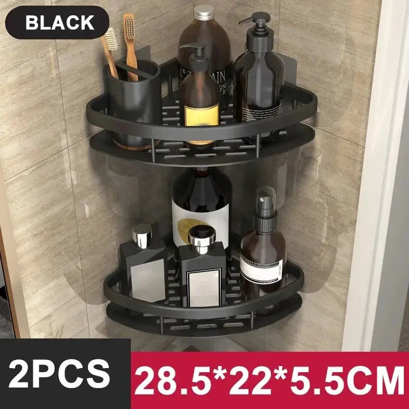 Simples Market black aluminum two-tier corner bathroom shelf, 2-pack, no-drill shower rack.
