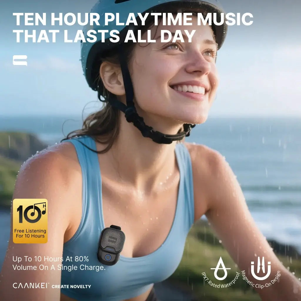 Wearable Bluetooth speaker clip-on in black, IPX7 waterproof for outdoor sports and hands-free calls.