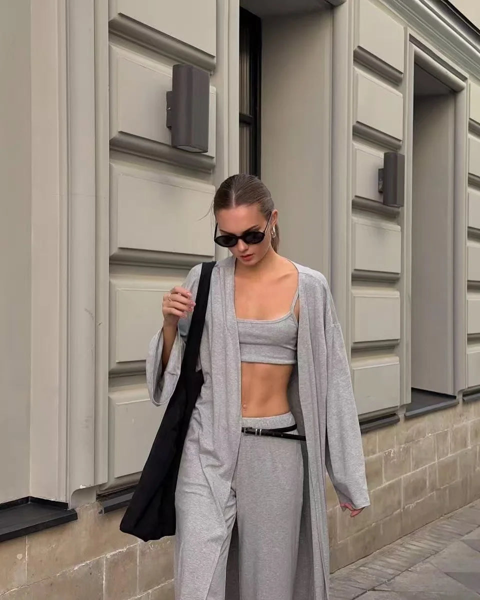 Modal Three Piece Women Set Long Sleeve Cardigan Vest High Waist Pants