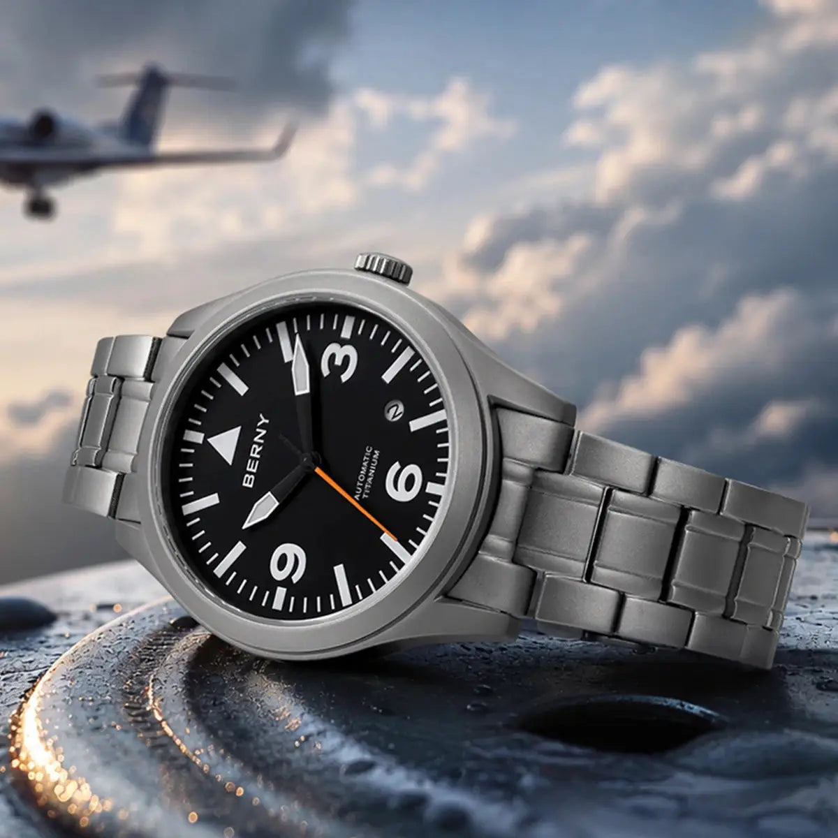 BERNY aviation titanium mechanical men’s watch with black dial and orange seconds hand